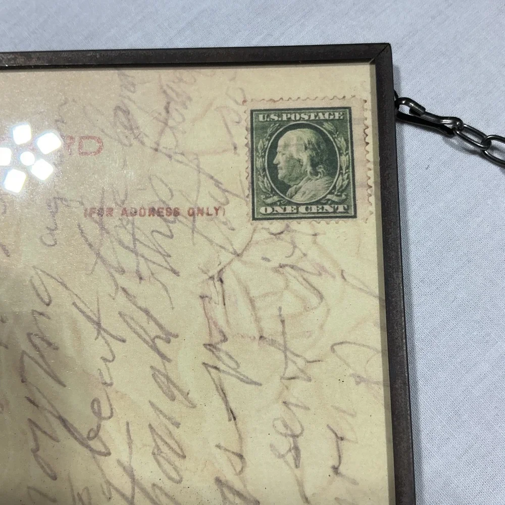 Antique‎ 1910 Rose Postcard Framed Glass Hanging Display Franklin Stamp